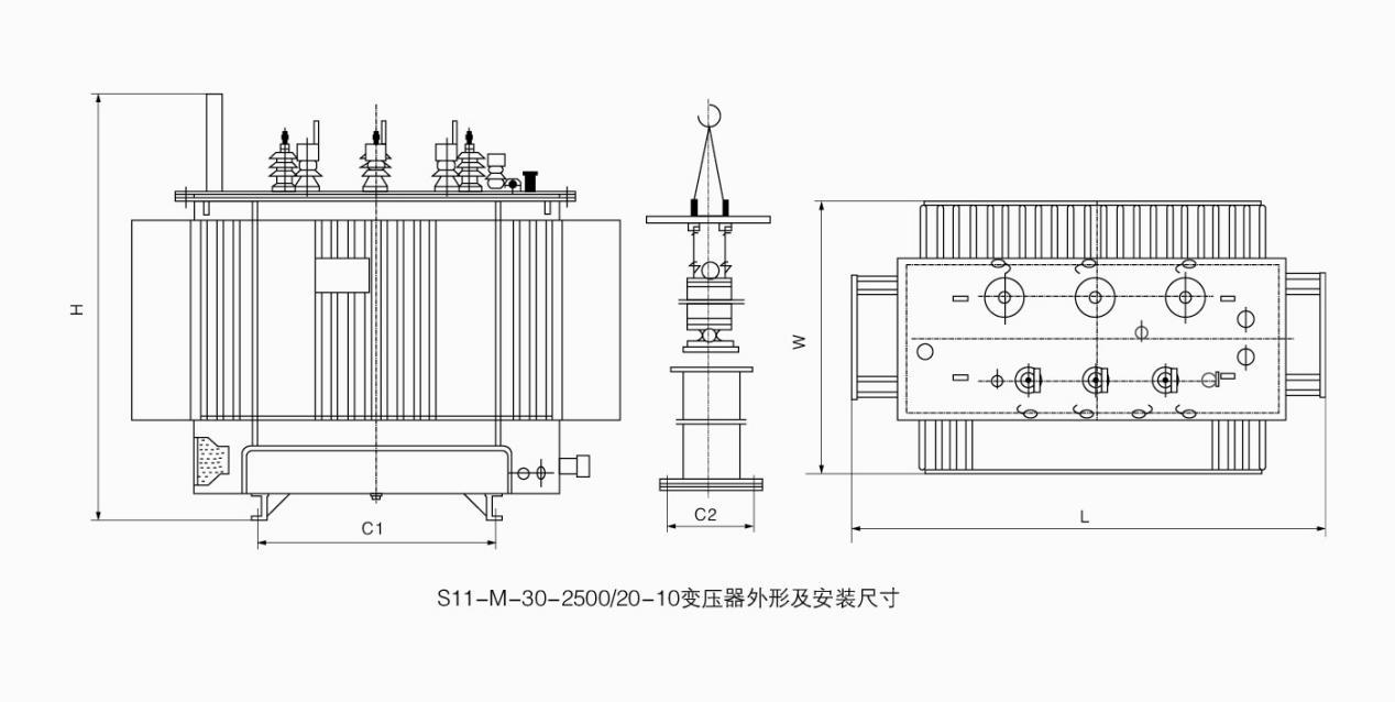 S11-M-30-2500/20-10變壓器外形及安裝尺寸